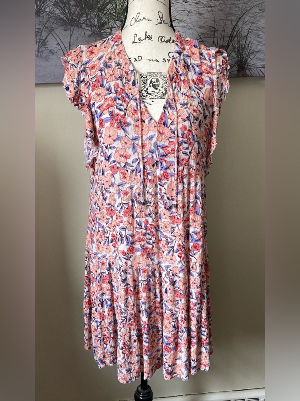 Knox Rose boho floral ruffled peach/blue mini babydoll dress, size medium